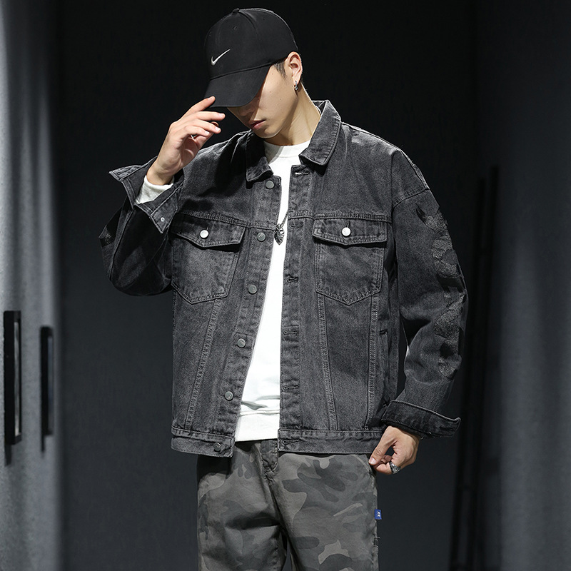 2021新款男士牛仔夹克秋季韩风潮流印花情侣装垮肩宽松牛仔外套男