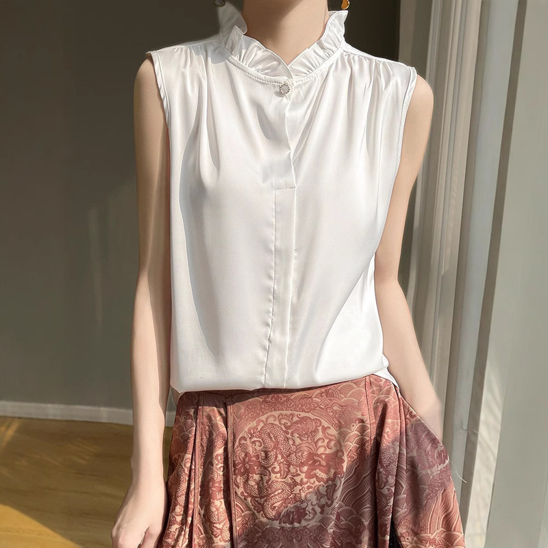 New Spring and Summer Fungus Lace Collar Women's Sleeveless One-Button Vest Satin Slim Thin Elegant Shirt with Jacket New Spring and Summer Fungus Lace Collar Women's Sleeveless One-Button Vest Satin Slim Thin Elegant Shirt with Jacket