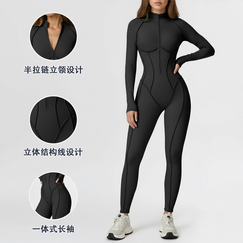 European and American Three-Dimensional Zipper Outer Wear Warm Slim High-Elastic Fitness Yoga Jumpsuit Women's Dance Tight Sports Jumpsuit European and American Three-Dimensional Zipper Outer Wear Warm Slim High-Elastic Fitness Yoga Jumpsuit Women's Dance Tight Sports Jumpsuit