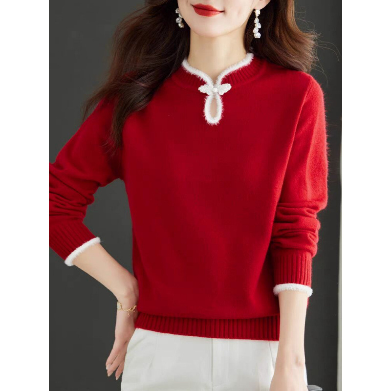 (2개) 2024 새로운 가을과 겨울 드래곤 년 옷 플러스 사이즈 빨간 스웨터 중국 여성 의류 중국 스타일 기본 셔츠 여성