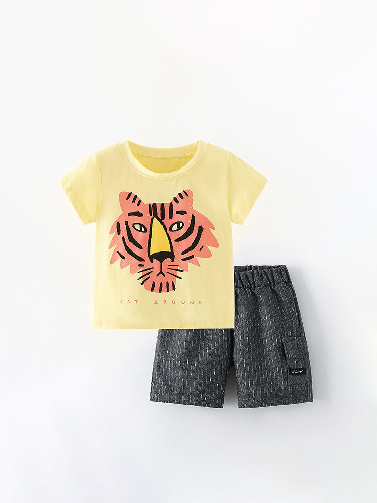 Malwee niño de dos piezas set de verano nuevo estilo de ropa infantil europea y americana hermosa impresión de niños pequeños y medianos set de niños de cuello redondo
