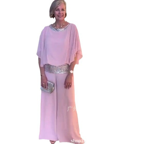 Abiti da donna, scollo tondo, paillettes, camicia a pipistrello, pantaloni a gamba larga, coordinati con i colori_voghion.com