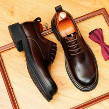 圆头皮鞋增高厚底手工擦色男士休闲鞋英伦风系带耐磨百搭德比鞋