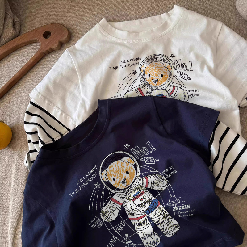 Pure cotton children's T-shirt long-sleeved fake two-piece striped cartoon casual versatile small and medium-sized children's clothing base shirt top spring and autumn