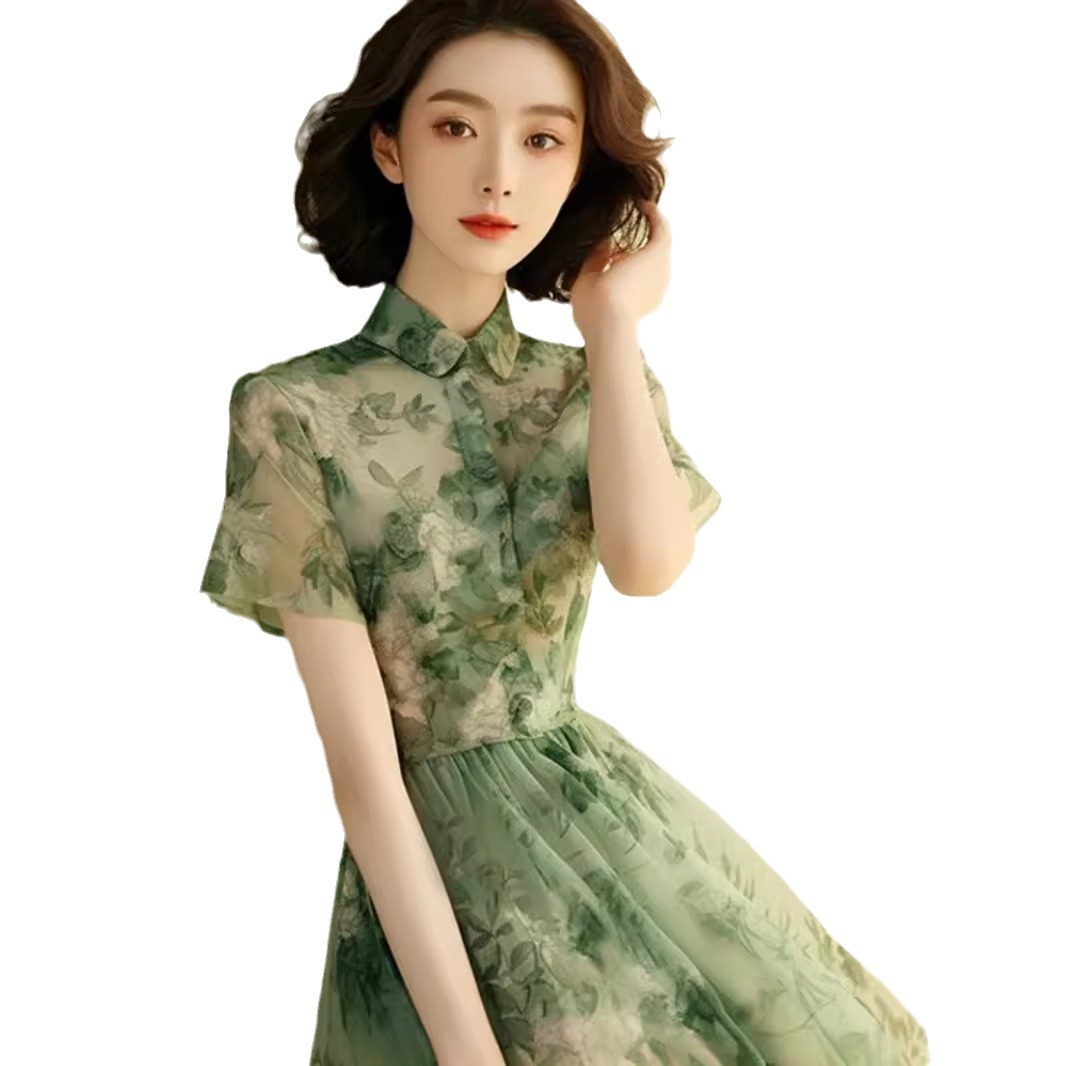Đầm maxi nữ in hoa xanh dáng suông che bụng kiểu Pháp — váy xanh