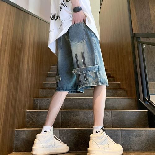 Vintage American-style denim shorts for men, summer design, niche five-pocket pants, trendy streetwear brand fashion high-street pants.