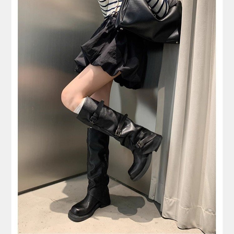 葡萄妈同款增高皮带扣方圆头褶皱中筒骑士靴女西部褶皱堆堆裤管靴|undefined
