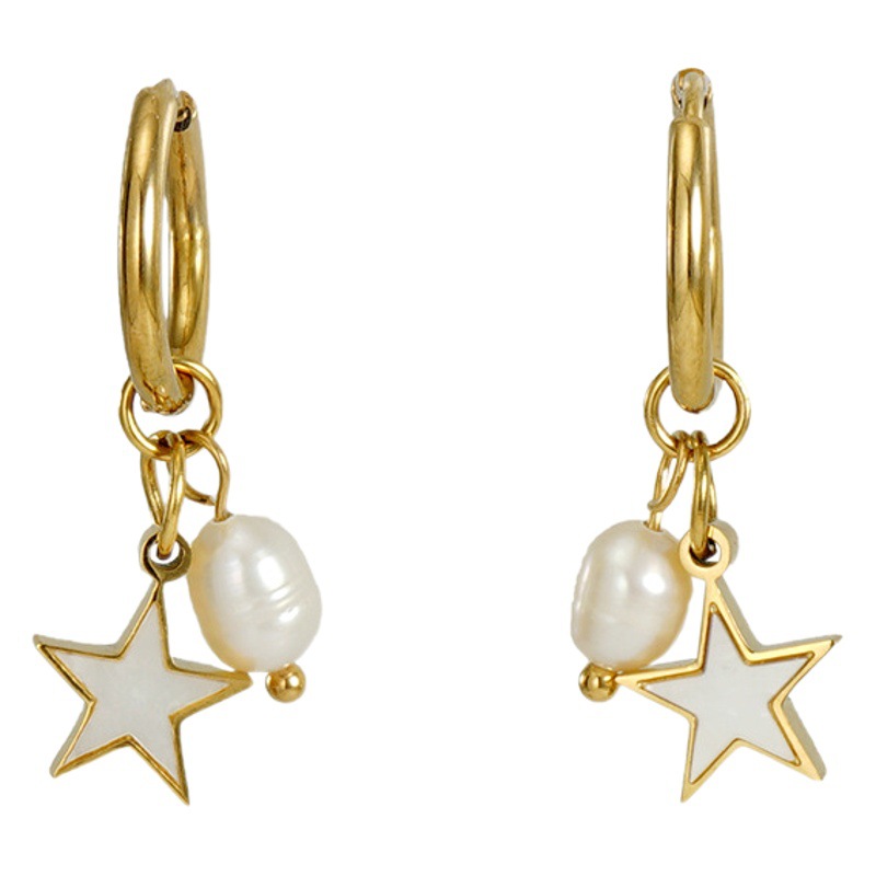 Pendientes de acero de titanio europeos y americanos transfronterizos diseño de nicho estilo ins pendientes de estrella de concha de perla natural de acero inoxidable de 18 quilates para mujeres