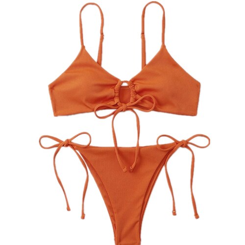 Factory Source Cross-border Europe and America Sexy Triangle Bikini AliExpress Foreign Trade Drawstring Bikini Women's Solid Color Swimwear 