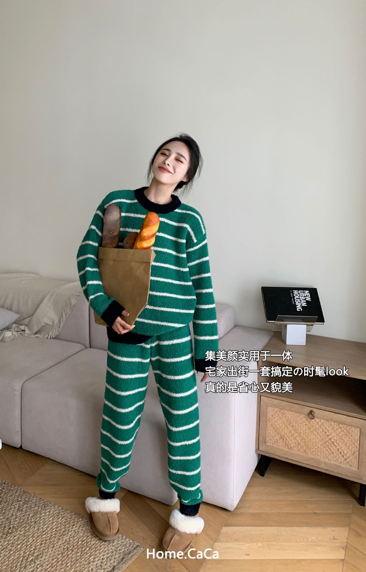 caca秋冬日系绵绵热能睡衣女甜美爱心加厚保暖半边绒家居服冬季潮详情7