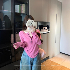 设计感纯色纽扣半开领长袖T恤女装2025春秋季宽松百搭休闲上衣潮
