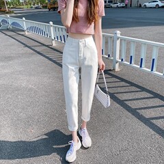 白いハーレムのジーパンの女性の潮流は新型の純色の腰を合わせて簡単にやせているお父さんのダイコンの9分のズボンを現します。