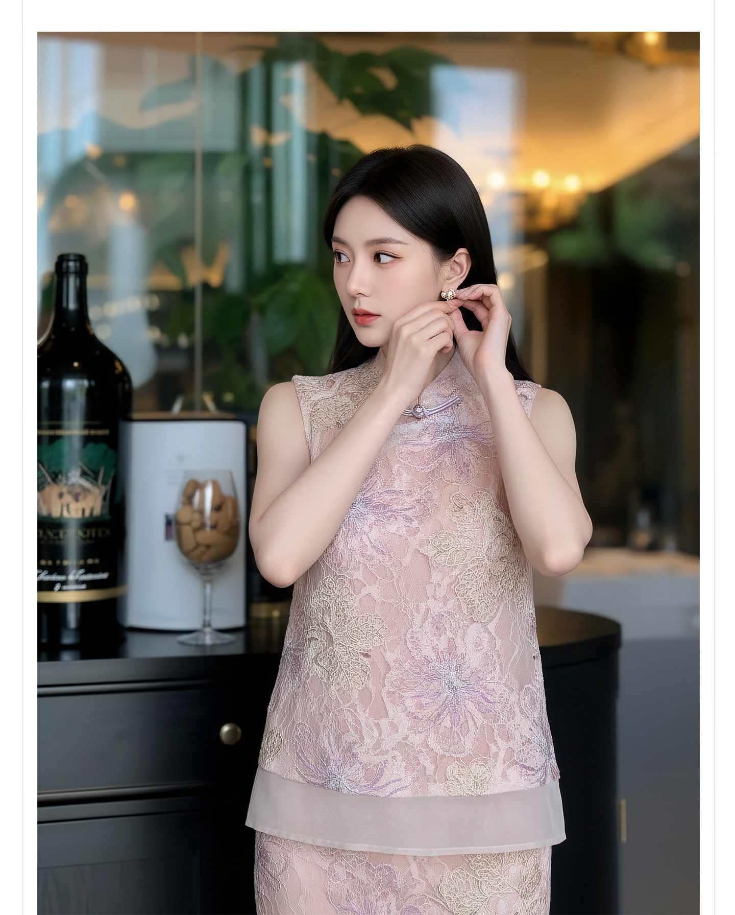 Set áo khoác gile + chân váy maxi Tân Trung Hoa thêu hoa, tay phối ren, eo thắt dây — nửa váy, Trang chủ chi tiết 2
