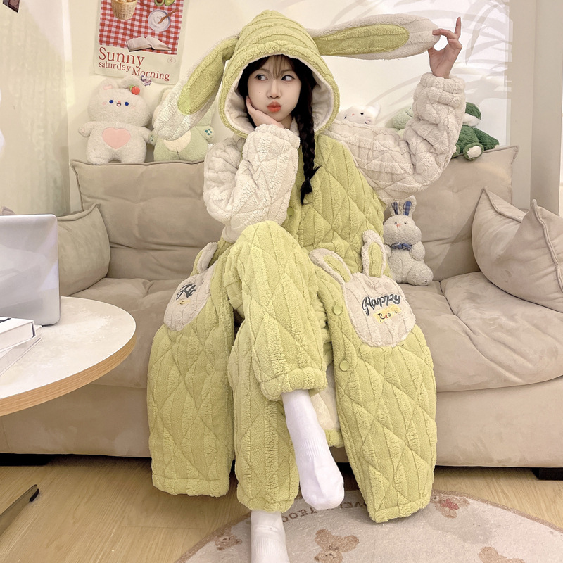 3 층 퀼트 겨울 파자마 여성용 산호 양털 외장 두꺼운 기모 따뜻한 플란넬 홈 옷 세트 입고