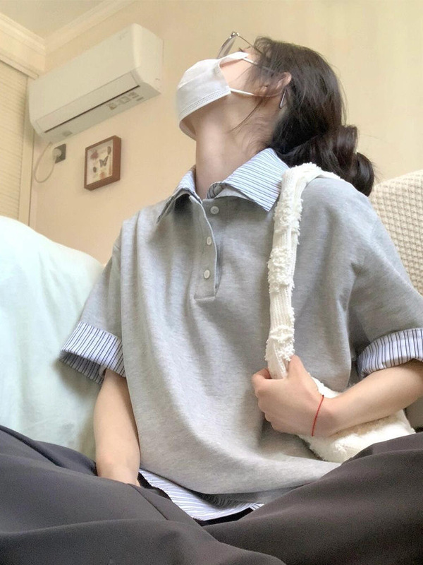 美式复古假两件拼接翻领短袖t恤女夏2025新款宽松减龄百搭上衣ins|undefined