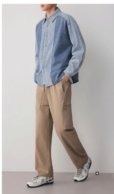 Áo sơ mi denim nam tay dài phong cách cổ điển sọc nối — Cao bồi xanh chi tiết 12