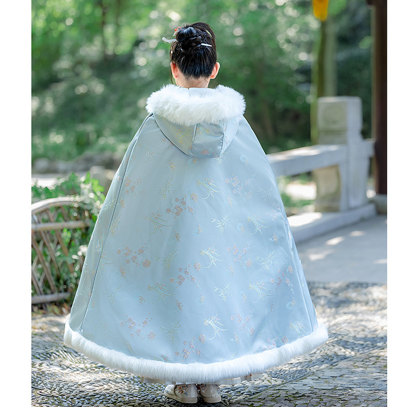 Blue Girls' Hanfu Hooded Cloak Fairy Hair Collar Chinese Style fleece-lined Thickened fleece-lined Long Cloak for Little Girls