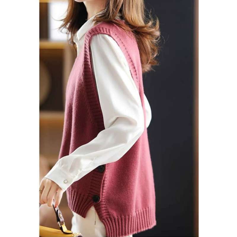 【Familia Cashmere】 Chaleco de punto de lana con cuello en V de temperamento femenino, combinado con suéter sin mangas, camisola, pantalón corto_voghion.com