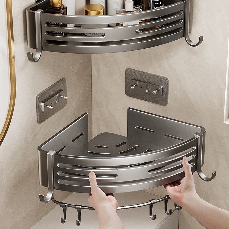 Gun gray bathroom storage rack bathroom punch-free heightened triangle basket bathroom toilet wall-mounted storage