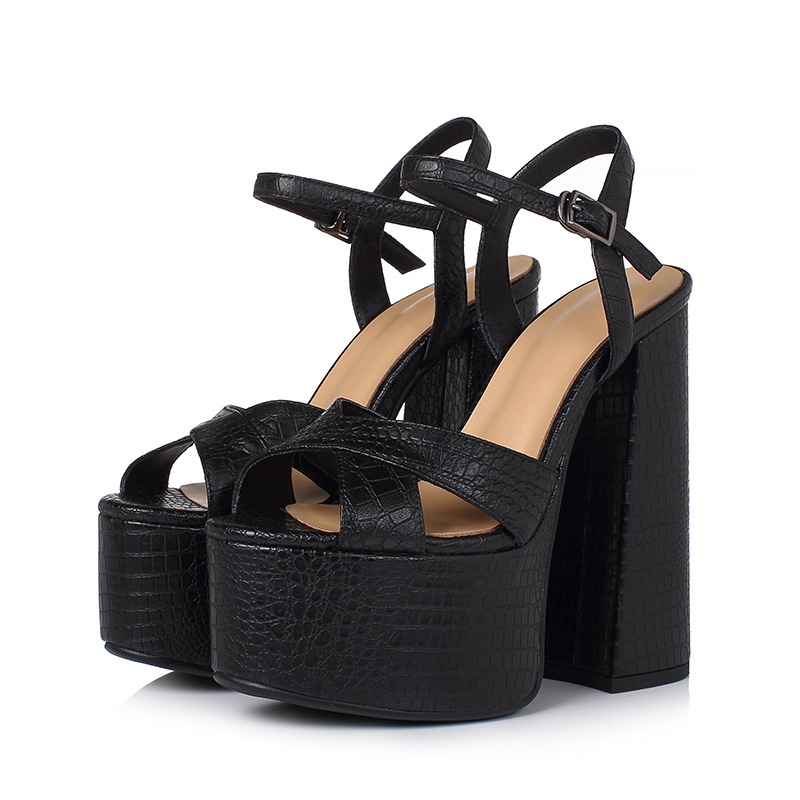 Sandal cao gót nữ mũi hở đế platform chunky da thật gót dày — Màu đen mờ