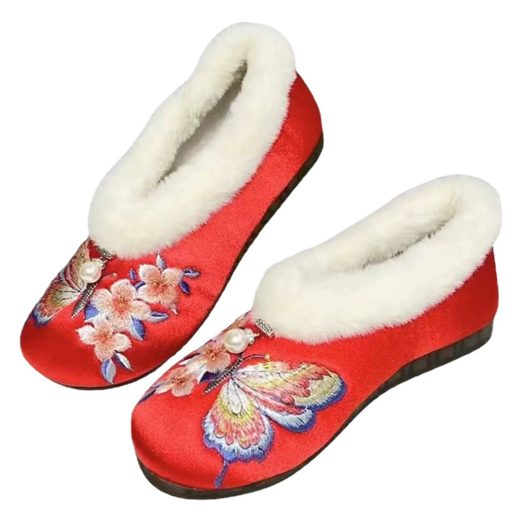 Хлопковая обувь с вышивкой в виде бабочки, шерстяная хлопковая обувь с мягким дном и цветком бабочки, нескользящая домашняя хлопковая обувь, обувь Hanfu 317-51, хлопок