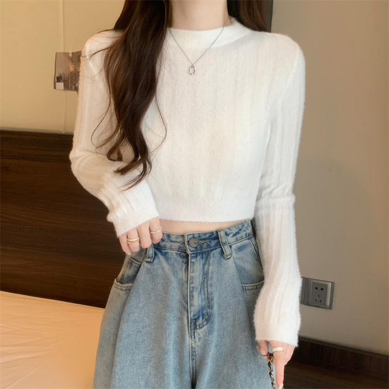 实拍实价 秋冬辣妹软糯仿水貂长袖短款针织上衣女