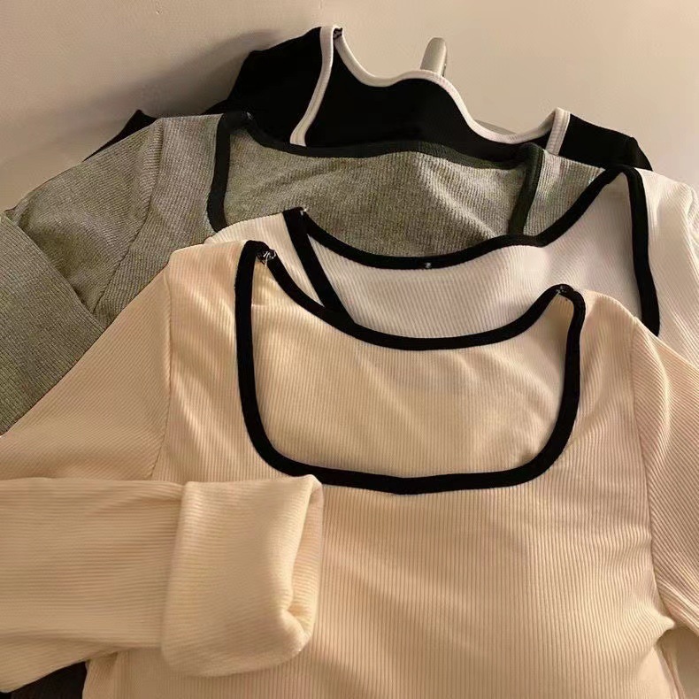 Otoño e invierno cepillado cálido top de manga larga de una sola pieza de contraste de color SLIM-Fit diseño adelgazante bottoming Top con almohadilla para el pecho