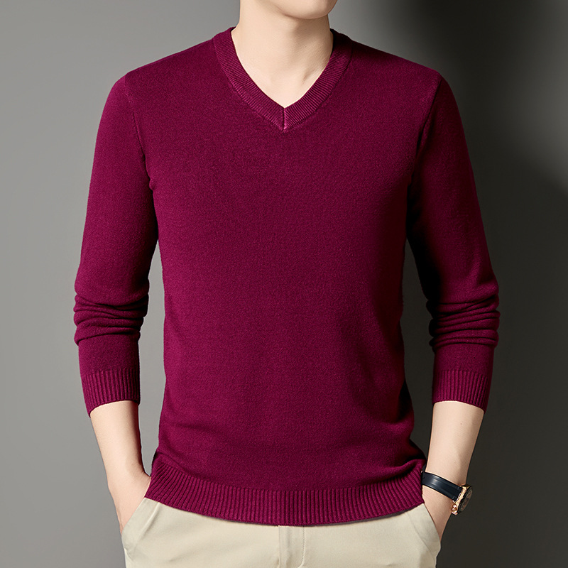 Yingao Knitted Thin Sweetheart Collar Men's Sweater Autumn New Long Sleeve Solid Color Base Knit Sweater Wholesale