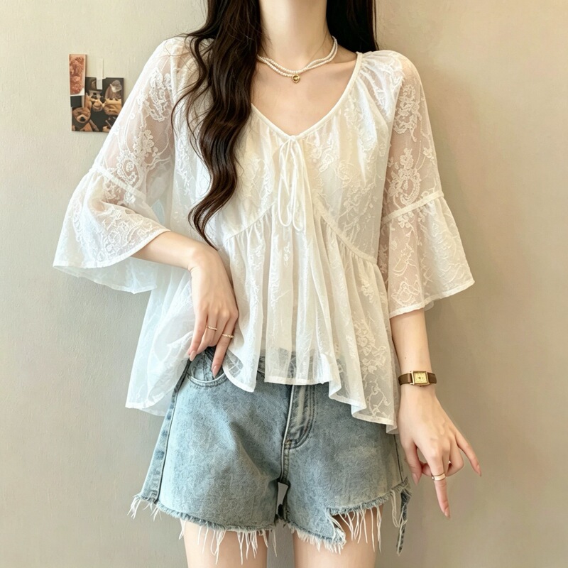 Plus-size French lace Tencel shirt for women, summer tassel cord bell sleeves, lightweight and breathable casual top for women Plus-size French lace Tencel shirt for women, summer tassel cord bell sleeves, lightweight and breathable casual top for women