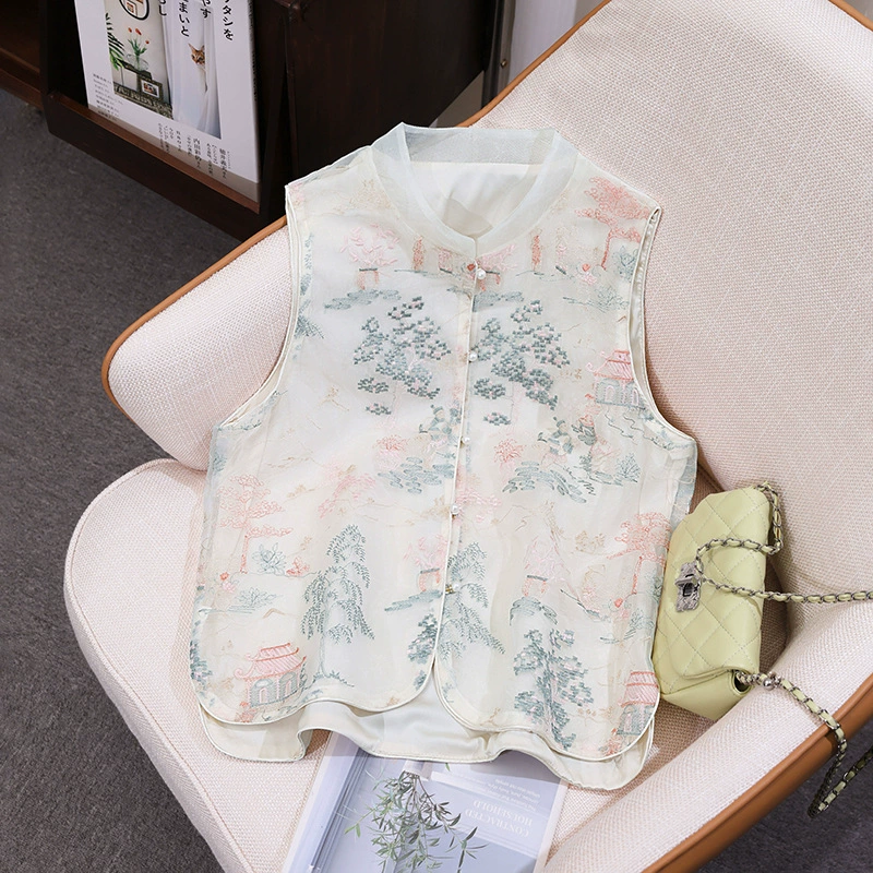 Новый женский жилет-кардиган с вышивкой в ​​китайском стиле, весна и лето 2024, новый национальный стиль, стильная элегантная верхняя короткая куртка без рукавов