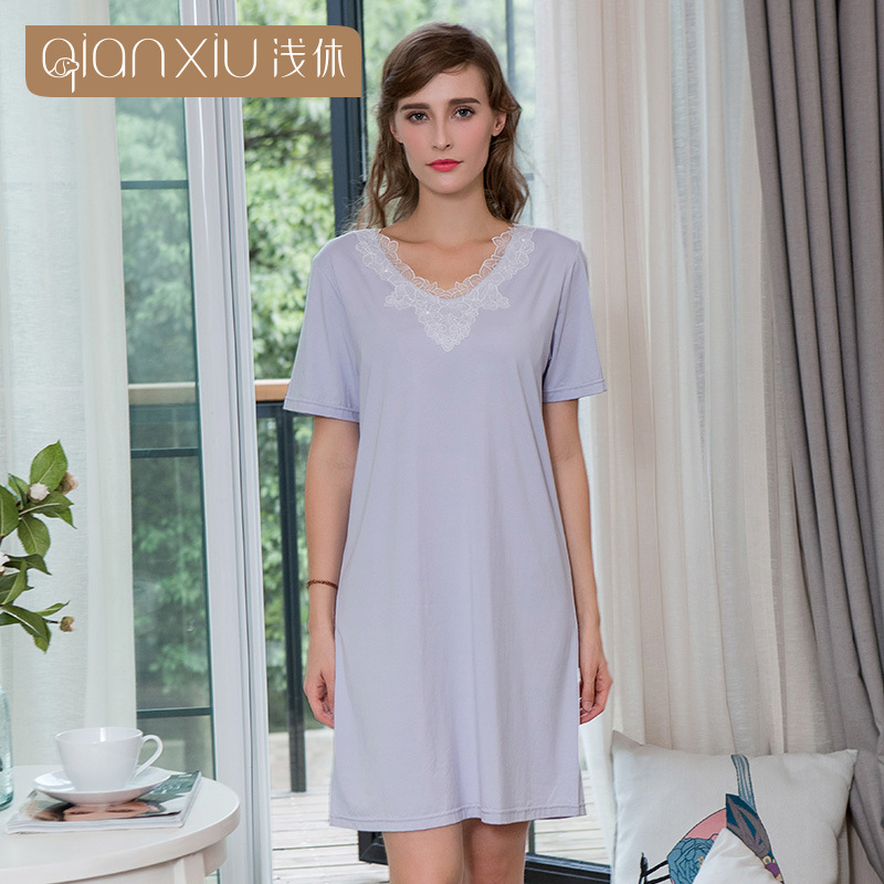 棉质睡裙夏季处理浅休女士简欧舒适休闲V领短袖家居服透气