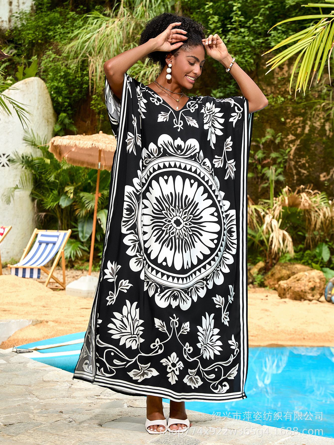 Transfronterizo nuevo algodón impresa camiseta de playa suelta vestido de vacaciones bikini con buñuelo A031