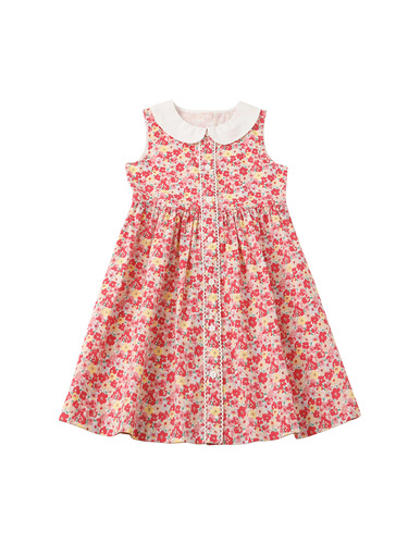 Ladies' Spring and Summer New Red Floral Print Blouse Dress, Pure Cotton Sleeveless Collar Sweet Princess Dress