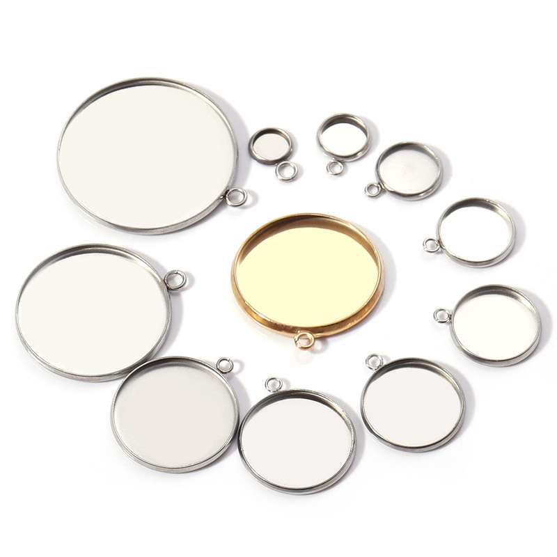 Stainless Steel Round Tray with Hanging Base Pendant Time Gem Ring Face Empty Support DIY Jewelry Accessories