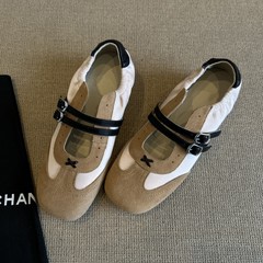 春夏新品! 新商品のダブルボタンの透かし彫りの浅い口の徳訓の靴の女性の復古の色合わせの運動風の平底のメアリー珍