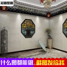 中国风古典徽派建筑屋檐壁纸中式古风装修火锅店剧本杀包间墙纸