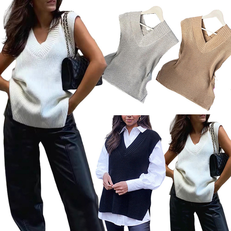 European and American Cross-border Amazon AliExpress European and American Pullover Vest Fashion V-Neck Knitted Sweater Top Autumn and Winter