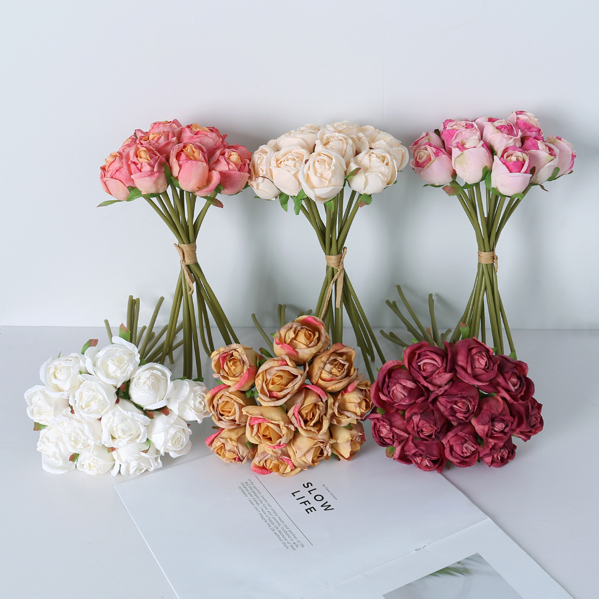 Simulación transfronteriza decoración de flores de rosas 12 rosas pequeñas bodas de la novia simulación de rosas pequeñas