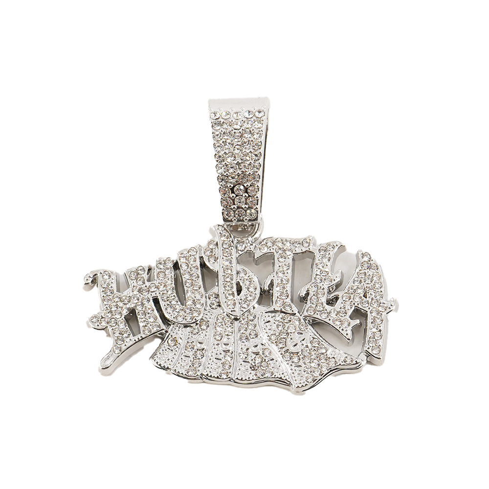 2025 nueva aleación con letras de diamantes completos Hustla colgante para hombres y mujeres moda hip-hop joyería con collar de giro de 5mm