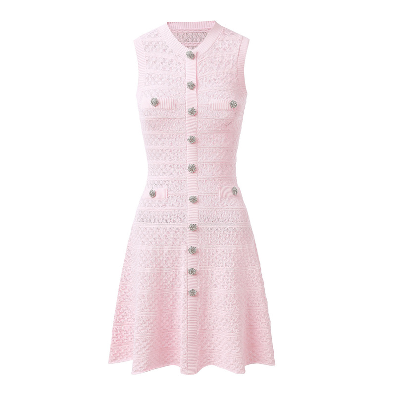 2026 Spring/Summer New French Style Pink Single Row Rhinestone Button Sleeveless Waist-Cinching Elegant A-Line Knitted Dress