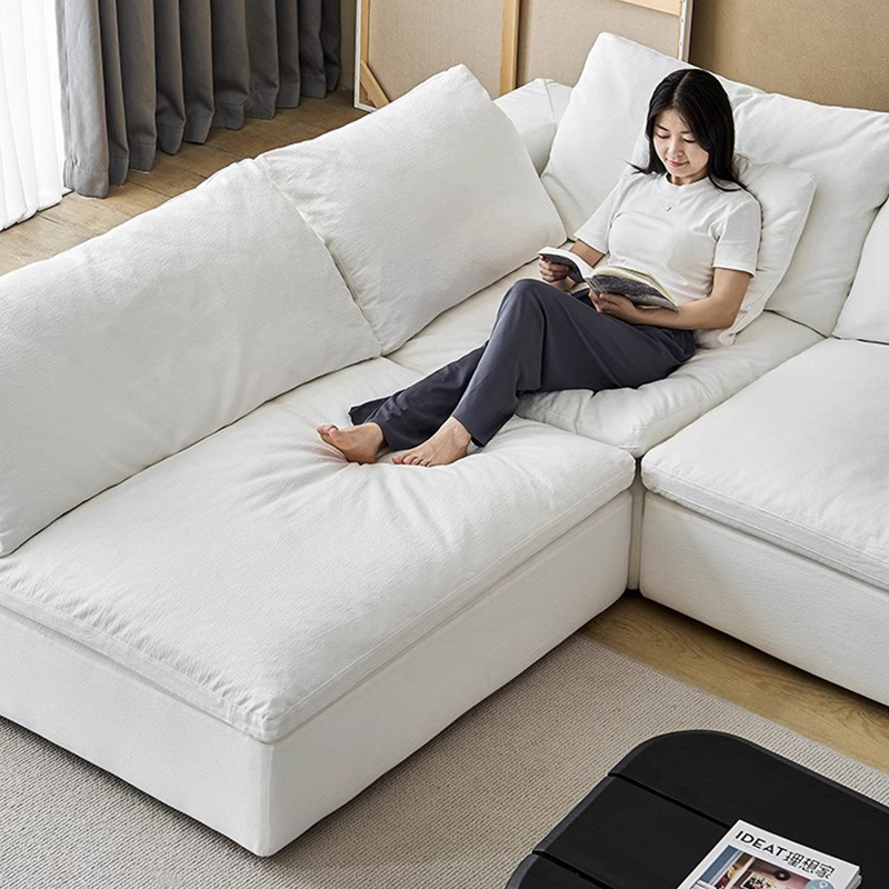 Sofá de tela estilo crema, sofá simple de algodón y lino para sala de estar, sofá nórdico para el hogar, sofá de nube con bloque de tofu, muebles de Foshan