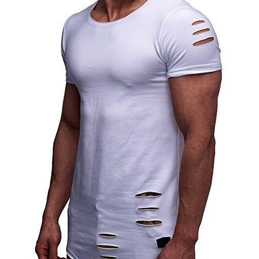New European and American Style Men's Loose Pure Color T-Shirt with Asymmetrical Hem and Holes, Large Size for Men and Women