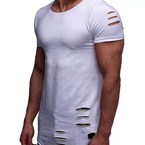 New European and American Style Men's Loose Pure Color T-Shirt with Asymmetrical Hem and Holes, Large Size for Men and Women