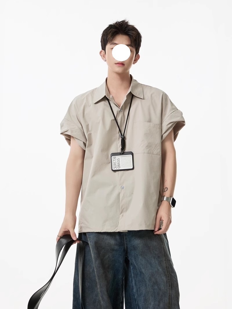 Khaki Tooling Shirt Short-sleeved Men's Summer American Simple Loose Lapel Shirt Drawstring Design Couple Inch Clothes Tide_viptrois.com