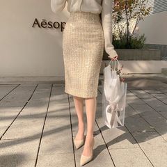 小香風亮片毛の半身スカート女性秋冬高腰包尻気質キラキラスカート中長秋冬スカート
