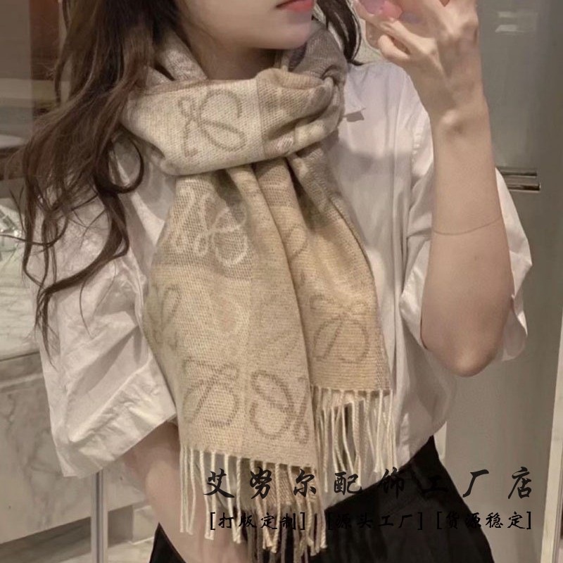 双面拼色棋牌格围巾女羊毛提花流苏L0E保暖披肩秋冬新款羊绒围巾|undefined