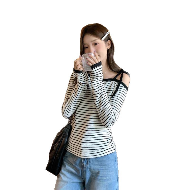 现货实拍杏色条纹斜肩上衣秋季长袖t恤女修身辣妹露肩内搭打底衫X|undefined