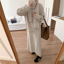 时尚休闲针织三件套女2025新款韩系慵懒风V领毛衣围巾+半身裙套装