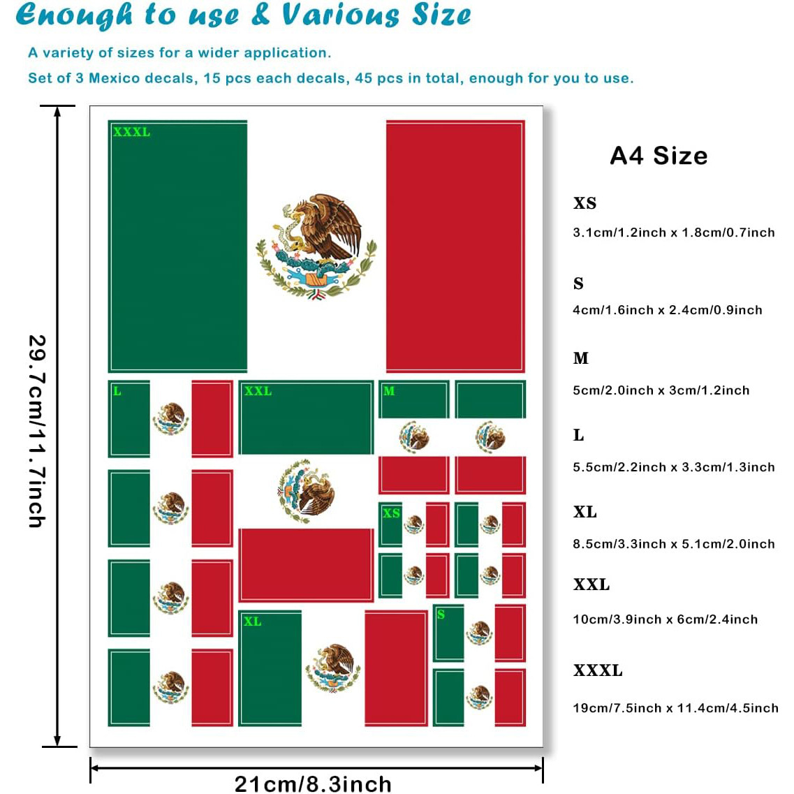 Amazonas pegatinas de bandera mexicana pegatinas impermeables de México en varios tamaños 21x29.7cm