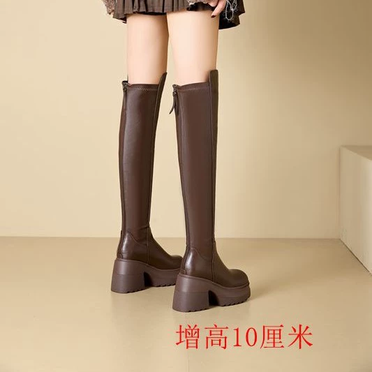 Сапоги на молнии с толстым дном 10 см тощий колен женские сапоги высокая эластичная модификация большие длинные ноги прохладные сапоги